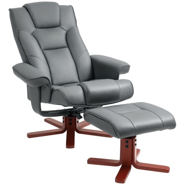 HOMCOM Recliner Chair with Footstool, PU Leather Upholstered Armchair with Adjustable Backrest, Leisure Lounge Chair for Living Room, Bedroom, Grey