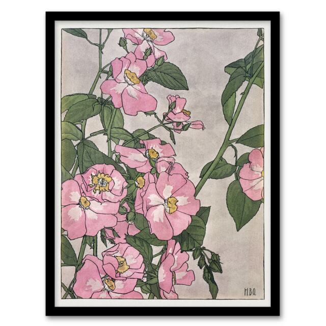 "Prairie Rose Flowers Vintage Framed Wall Art Print Borger Overbeck 12x16"""