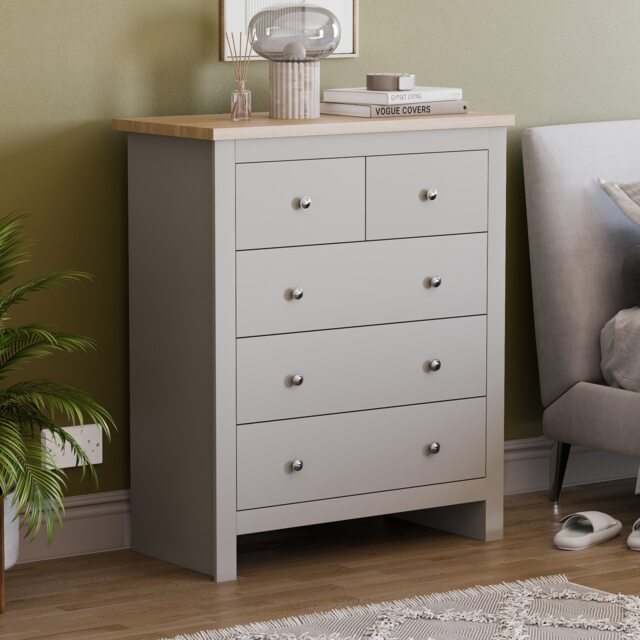 Vida Designs Arlington 5 Drawer Chest of Drawers Shaker Bedroom Storage, Grey & Oak