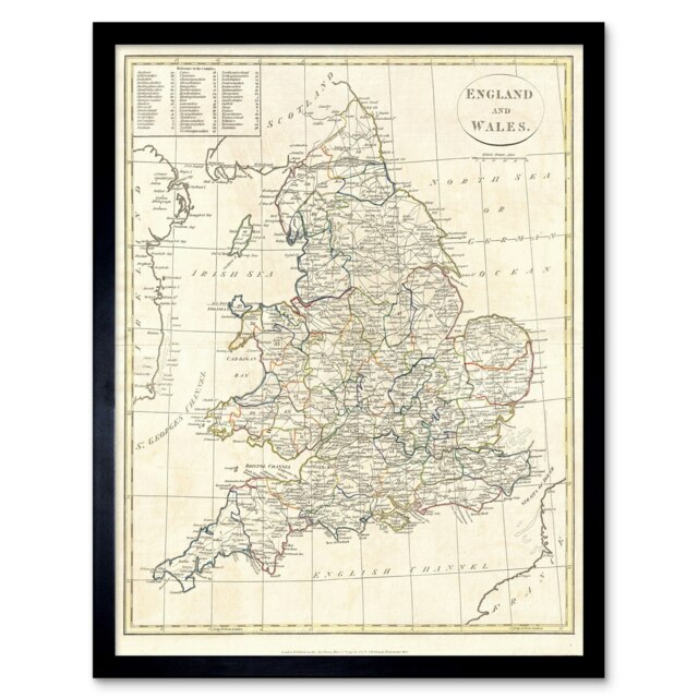 "1799 Clement Cruttwell Map England Vintage 12x16"" Framed Wall Art Print"