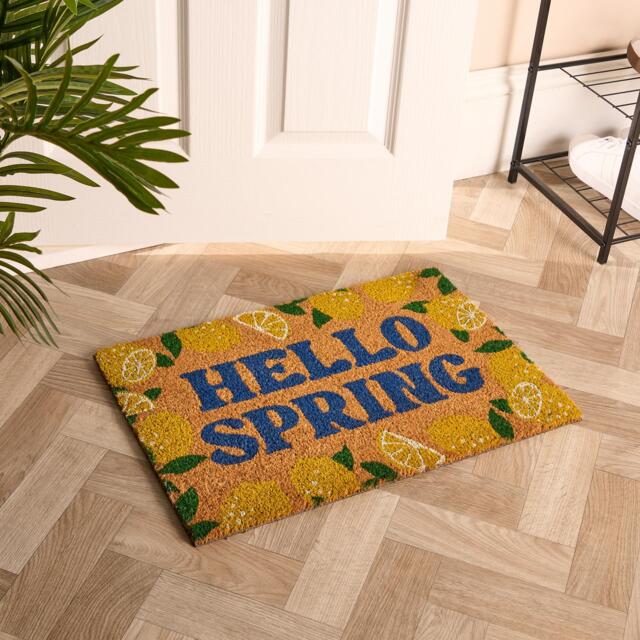 OHS Lemon Print Coir Doormat Hello Spring Slogan Non Slip Door Rug Multi 40 x 60cm