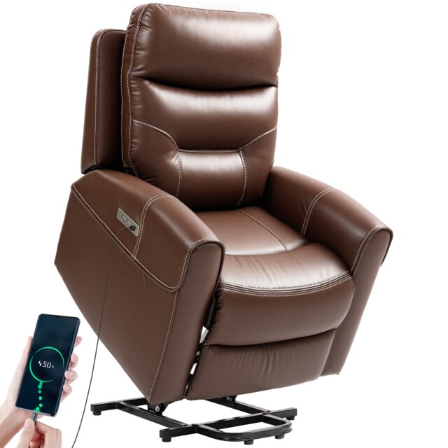 HOMCOM Power Lift Recliner Chair for Elderly, Overstuffed Faux Leather Riser and Reclining Chair with USB A C Ports, Recliner Armchair for Living Room, Brown Brown Brown