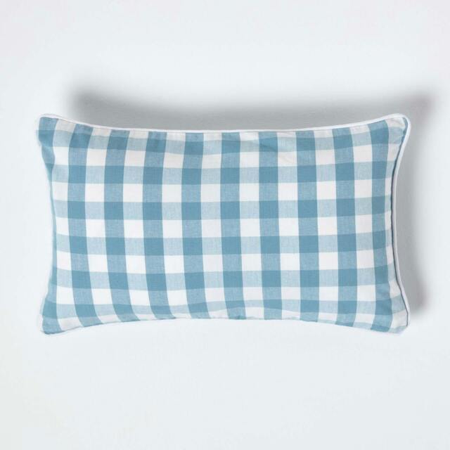 Homescapes Blue Block Check Cotton Gingham Cushion Cover - 30 x 50 cm Blue Blue 30 x 50 cm