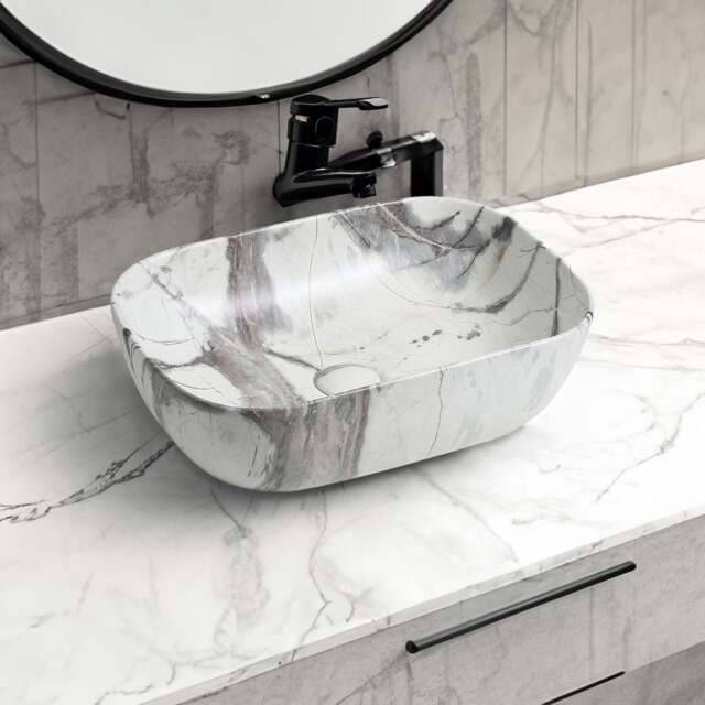 Limoge 7840WM Ceramic Oblong Countertop Basin in White Marble Effect