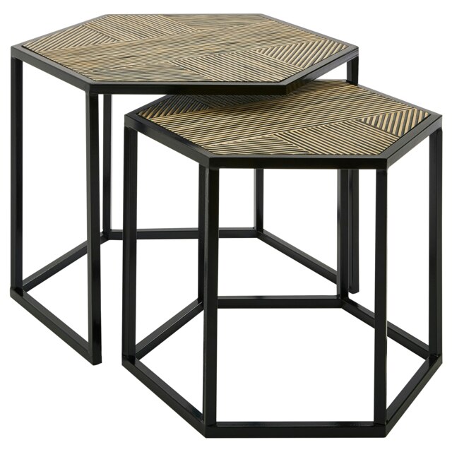 Set of 2 Hexagon Side Tables,Natural Bamboo Topped Nesting Tables,Sofa Side Tables,Decorative Bedside Tables Cream