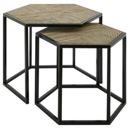 Set of 2 Hexagon Side Tables,Natural Bamboo Topped Nesting Tables,Sofa Side Tables,Decorative Bedside Tables Cream