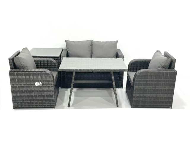 Fimous Outdoor Garden Furniture Set Rattan Sofa Dining Table Set with Reclining Chair Side Table Dark Grey Mixed