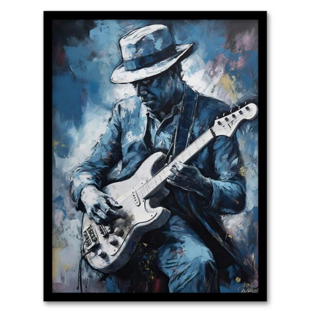 Guitarist Playing Blues Oil Musician Home Decor Black Framed Wall Art Print A4