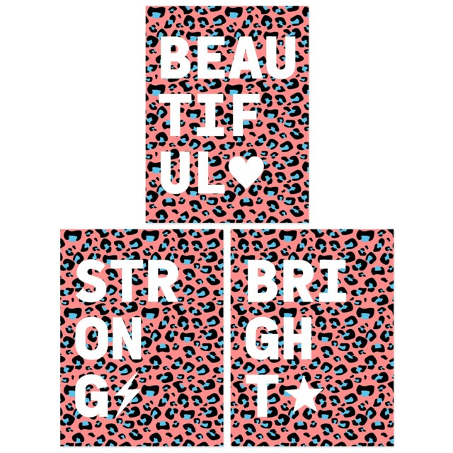 Set of 3 Beautiful Strong Bright Blue Pink Leopard Pattern Wall Art Prints 12x16 Inch