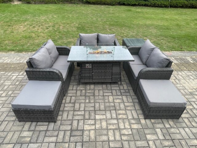 Fimous Rattan Outdoor Garden Furniture Sofa Set Gas Fire Pit Dining Table Gas Heater with Side Table Love Sofa 2 Big Footstool Dark Grey Mixed