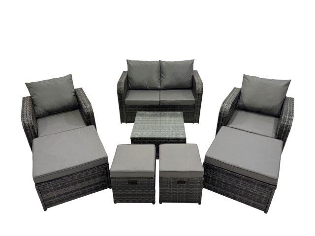 Fimous Rattan Garden Outdoor Furniture Set Love Sofa Reclining Chair Square Coffee Table Set with 4 Stools Dark Grey Mixed
