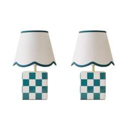 ValueLights Evie Pair Ceramic Checker Table Lamp Trim Linen Scallop Shade & Bulb Blue