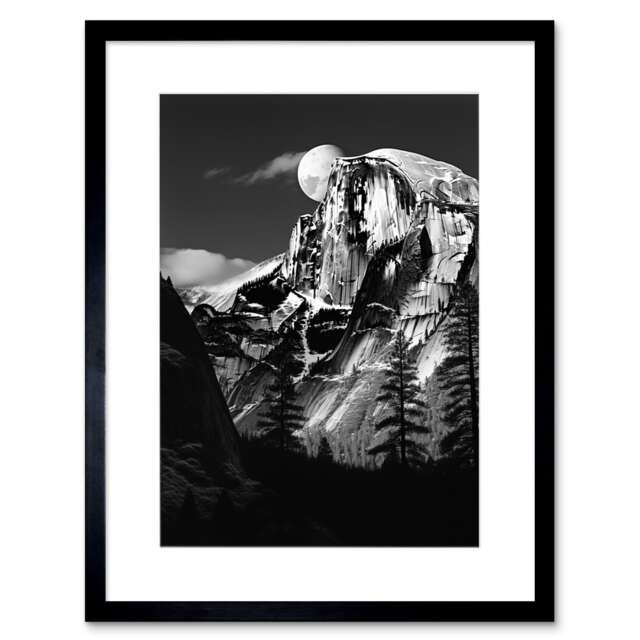 "Moonrise Behind Half Dome Yosemite Landscape 9x7"" Black Framed Wall Art Print"