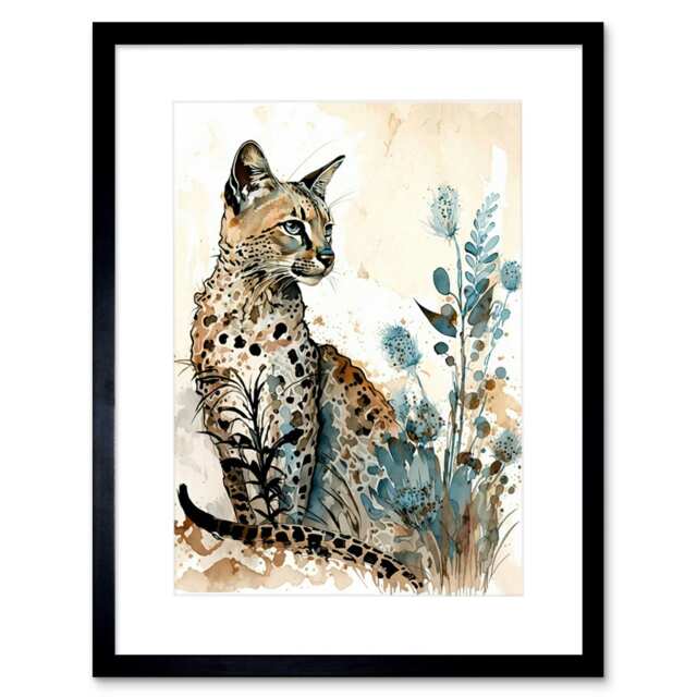"Savannah Cat Lover Gift Wildflowers Watercolour 9x7"" Black Framed Wall Art Print"