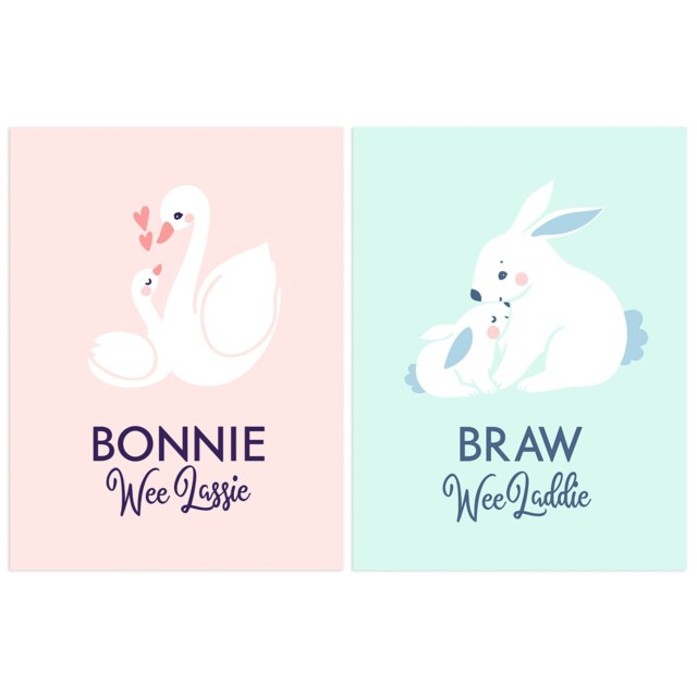 Set of 2 Scottish Baby Nursery Boy Girl Wee Lassie Laddie Swan Bunny Wall Art Print A4