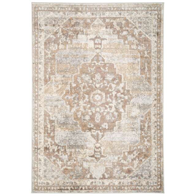 KUKOON Beige Traditional Medallion Bordered Living Area Rug 60cm x 110cm Cream