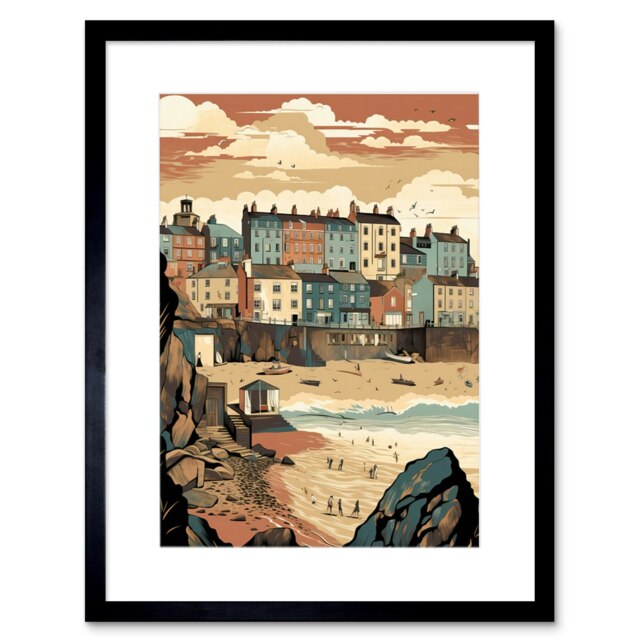 "Tenby Harbour Beach Pastel Colour Coastal Boho 9x7"" Black Framed Wall Art Print"