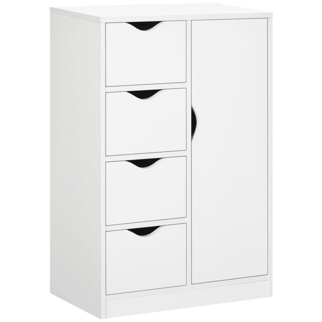 HOMCOM Bathroom Floor Cabinet, Freestanding Storage Unit with 4 Drawers and Door Cupboard for Living Room, Kitchen, Bedroom, White