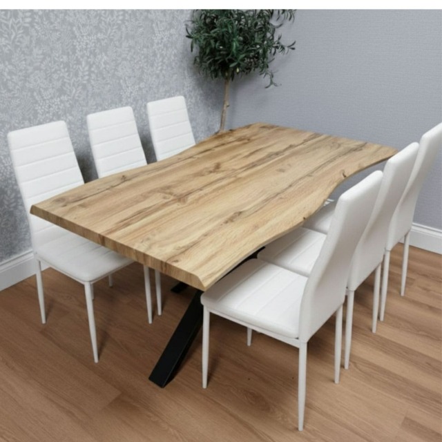 Modern Dining Table with 6 White faux leather padded Chairs
