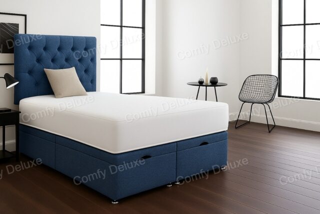 Denim Linen 2ft6 Small Single Ottoman Divan Foot Lift Open Bed Set Headboard With Memory Mattress