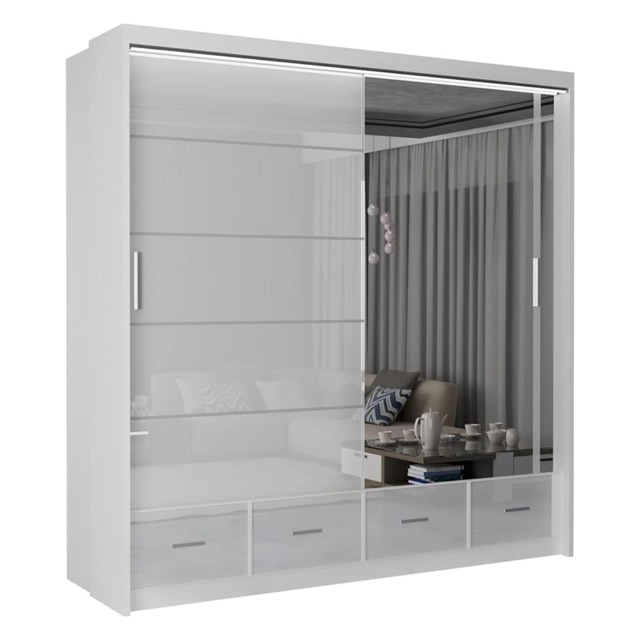 Sliding Wardrobes 4U Sleek High Gloss Mirror Sliding Wardrobe with LED and Drawers - 203cm and 255cm White White 203cm