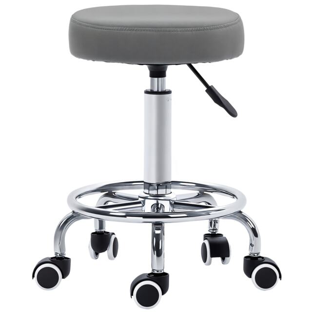 Vinsetto Round Rolling Stool, PU Leather Height Adjustable Stool Chair with Wheels and Swivel Seat for Salon, Massage, Spa, Home Kitchen, Grey