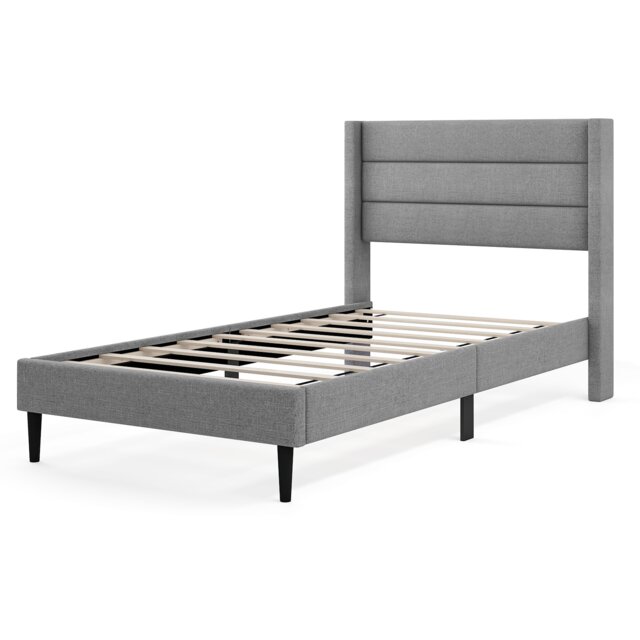COSTWAY Single Bed Frame Linen Upholstered Platform Bed Headboard Grey