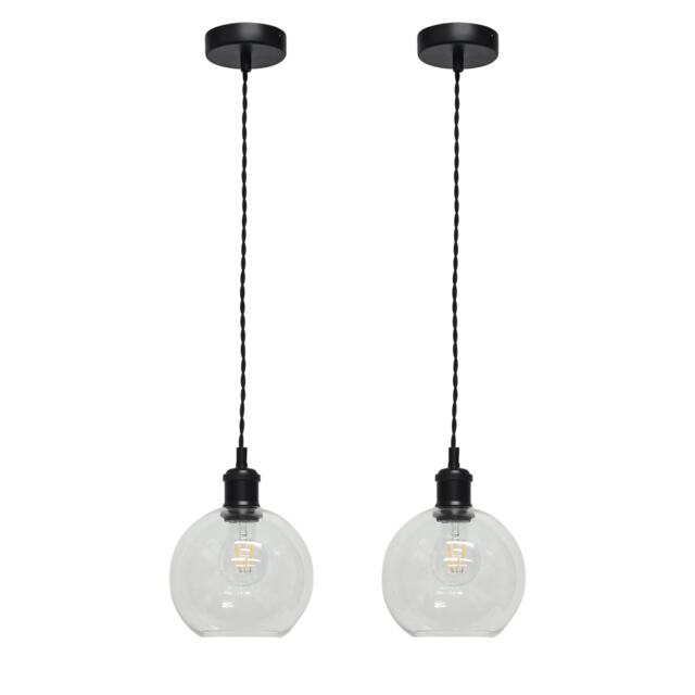 Set of 2 Barnum - Clear Glass Globe Black Retro Pendant Fittings