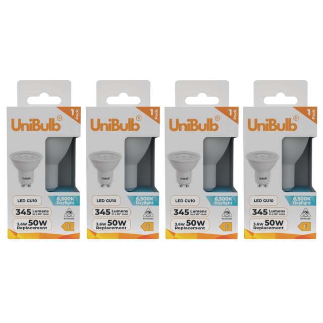 UniBulb LED GU10 345lm 3.6W (Replaces 50W) 6500K (Daylight) Spotlight Downlight Light Bulb - Pack of 4