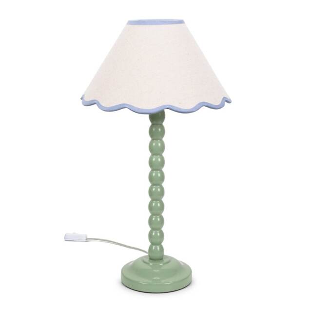 ValueLights Bobbles Sage Green Table Lamp Blue Trim Scallop Shade and Bulb