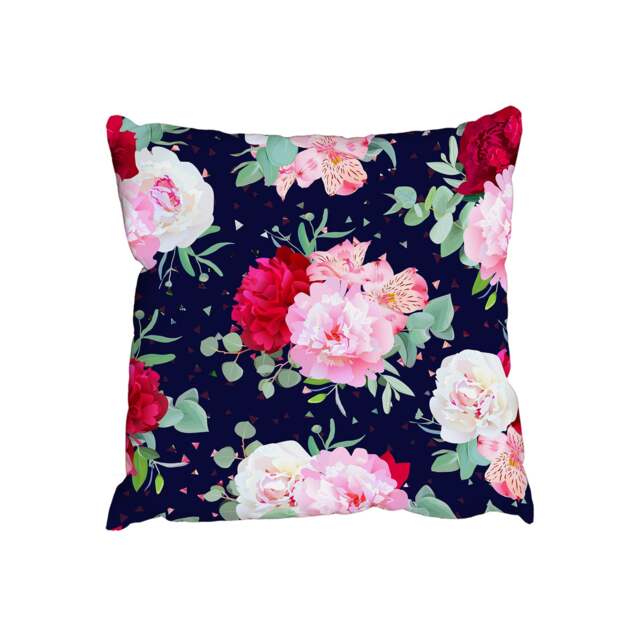 Cushions - Navy floral print with burgundy red and pink peony (Cushion) Multi