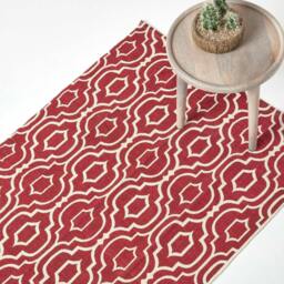 Homescapes Riga Red and White Cotton Printed Patterned Rug - 90 x 150 cm Red Red and white