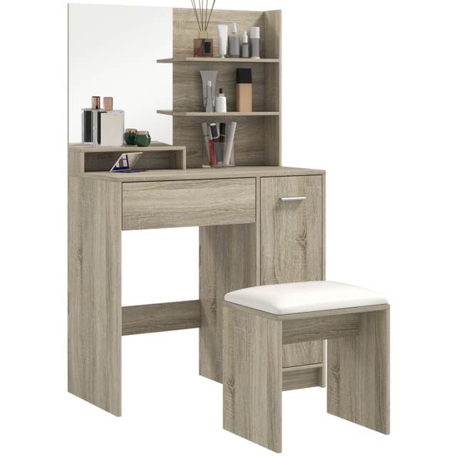 HOMCOM Dressing Table with Mirror and Stool, Makeup Desk for Bedroom Brown Natural wood finish