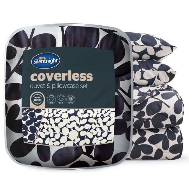 Silentnight Coverless Duvet and Pillowcase Set, Leaf Print Blue Navy SuperKing