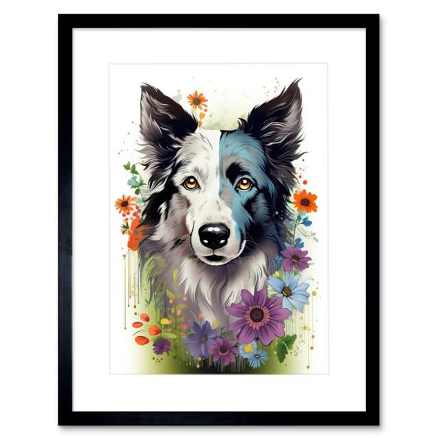"Border Collie Dog Basant Wildflowers 9x7"" Black Framed Wall Art Print"