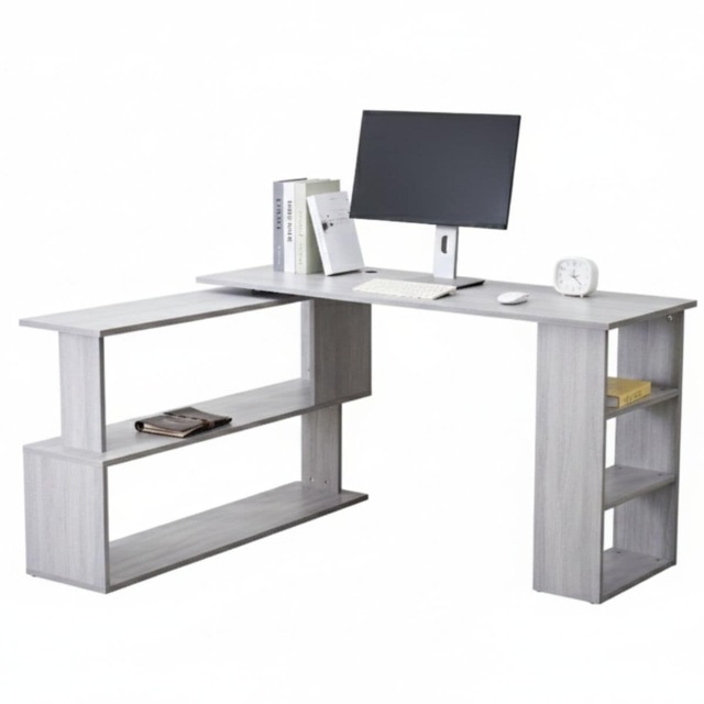 Grey Office Desk L-Shaped with Storage Shelves Wooden Room Furniture for Home, Study, and Office