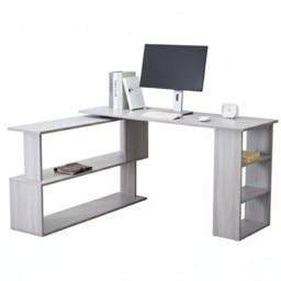 Grey Office Desk L-Shaped with Storage Shelves Wooden Room Furniture for Home, Study, and Office