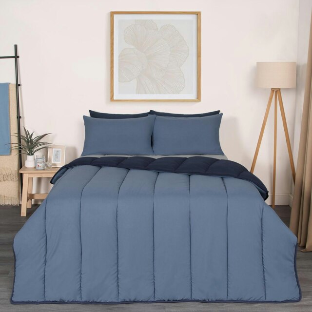 OHS Coverless Reversible 10.5 Tog Duvet And Pillowcase Bedding Set, King - Navy Blue/Blue
