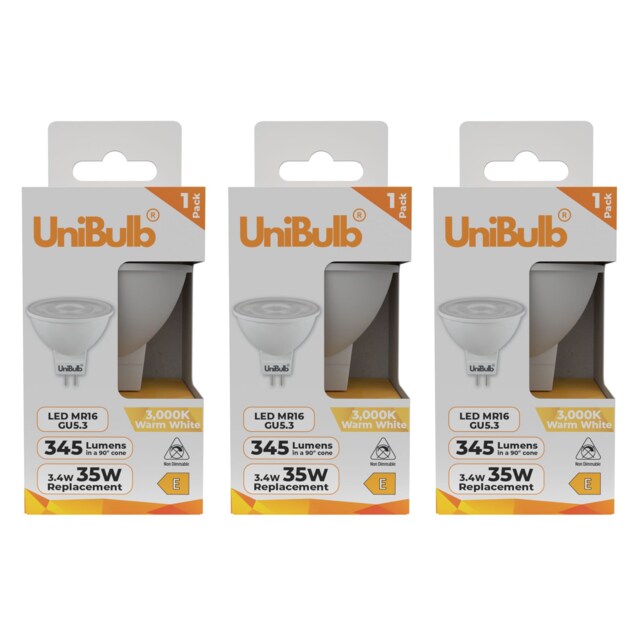 UniBulb LED MR16 GU5.3 345lm 3.4W (Replaces 35W) 3000K (Warm White) Spot Downlight Ceiling Light Bulb - Pack of 3 Clear Warm White MR16 3