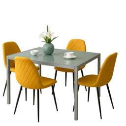 Modern Grey Glass Dining Table Set with 4 Mustard Faux Leather Chairs Dining Room Furniture