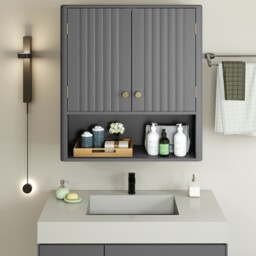 COSTWAY Bathroom Wall Cabinet Double Door Medicine Cabinet-Grey