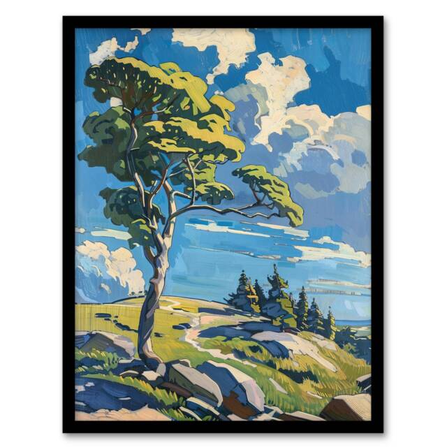Dartmoor Bright Sunny Day Landscape Oil Lone Tree Black Framed Wall Art Print A4