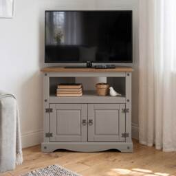 Mercers Furniture Corona Grey Wax Corner TV Unit 2 Door 1 Shelf Cabinet Stand Solid Wood Mexican Pine Wooden