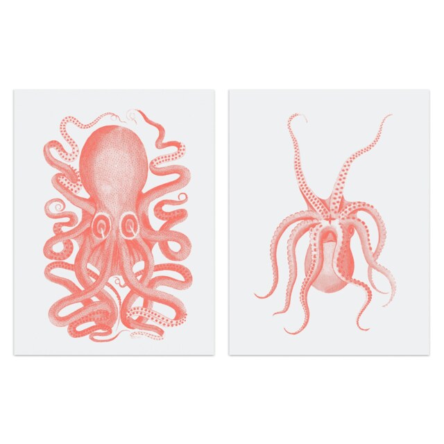 Set of 2 Pink Octopus Marine Sea Life Vintage Bathroom Toilet Wall Art Print A4