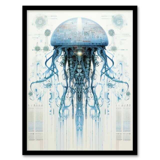Military Robot Jellyfish Sci-Fi Blueprint Futuristic Black Framed Wall Art Print A4