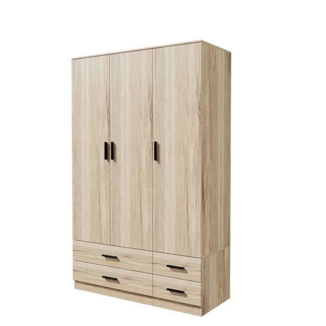 3 Door 4 Drawer Wardrobe With Hanging Rail And Storage Shelf Brown Oak Carcass & Door 1