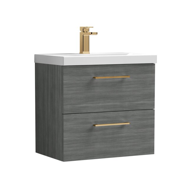 Balterley Wall Hung Bathroom 2 Drawer Vanity Unit and 1 Tap Hole Ceramic Basin, with Handles Grey Anthracite Woodgrain