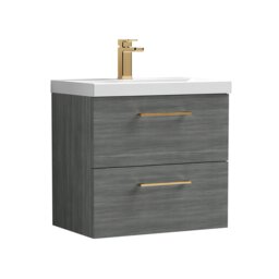 Balterley Wall Hung Bathroom 2 Drawer Vanity Unit and 1 Tap Hole Ceramic Basin, with Handles Grey Anthracite Woodgrain