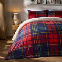 OHS Tartan Check Sherpa Reversible 10.5 Tog Washable Coverless Duvet with Pillowcases Red Red/Navy Double