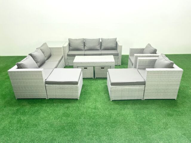 Fimous Outdoor Rattan Garden Furniture Set with Grey Cushions Luxury 12 Seater with 2 Chairs and Coffee Table For Conservatory,Patio